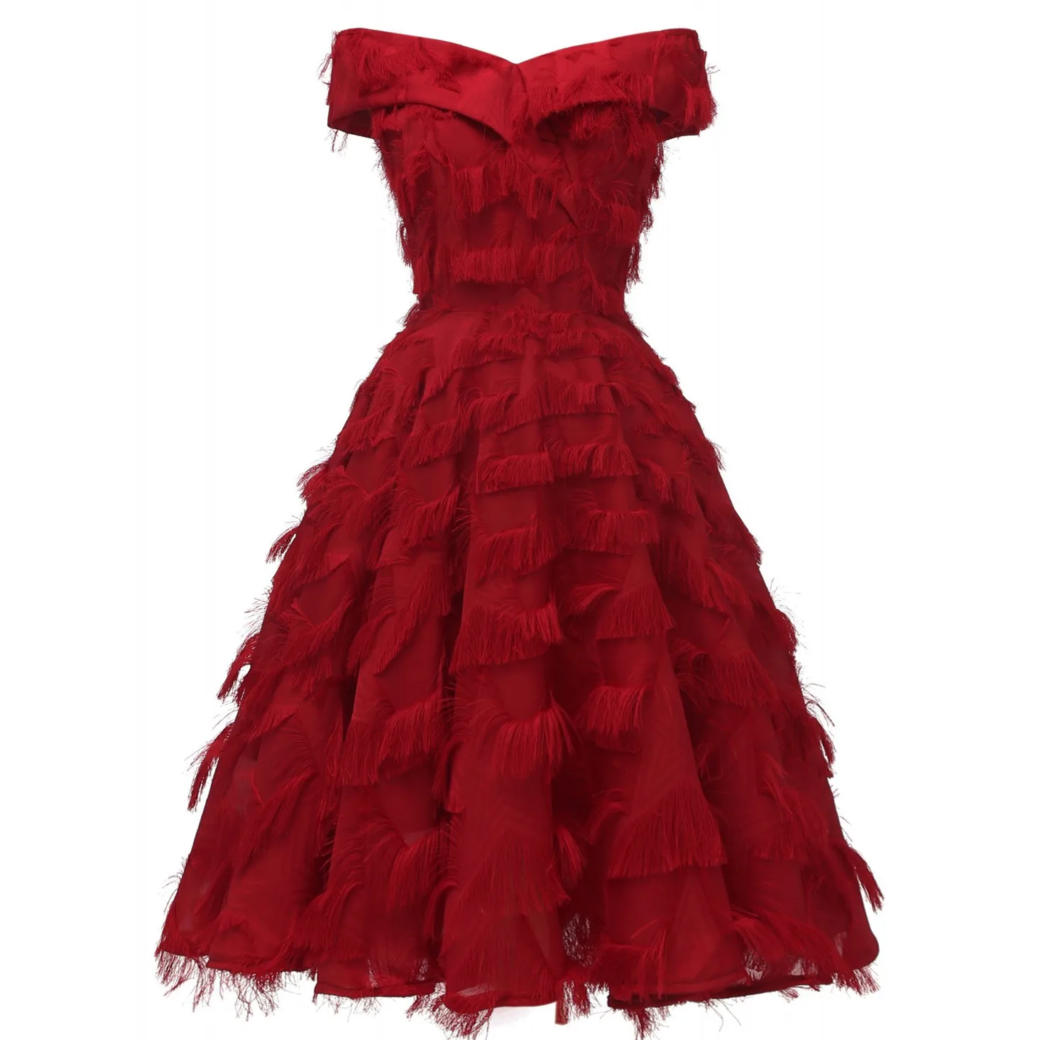 

Christmas Dresses Women Summer Off Shoulder Feather Tassel Dress Elegant Lady V-neck A-Line Party Midi Dressess Female Vestidos