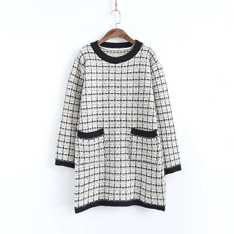 New Korean Style Pullover Sweaters For Women Plaid Autumn Winter Pockets Long Sleeve O-Neck Loose Long Sweaters - Цвет: Белый