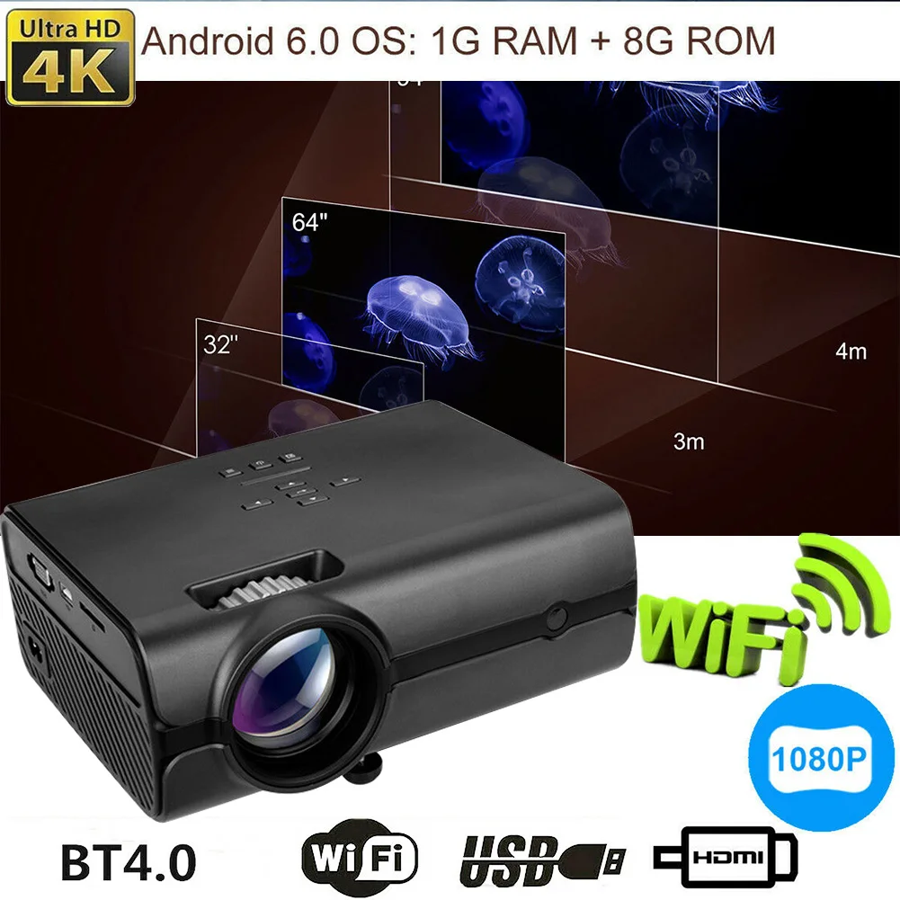 

2019 Hot 4K WiFi 1080P HD LED Wireless Smart Home Theater Projector Portable for Android 6.0 For DOY