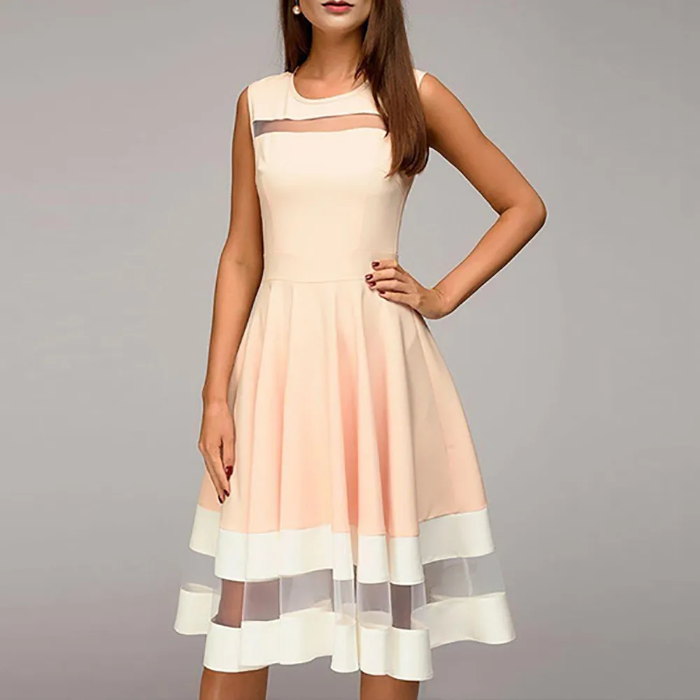 Women's Dresses Jurken 2019Top Hot Women Elegant Knee-Length Sexy Mesh Patchwork O-Neck Sleeveless Party Dress Robe Femme