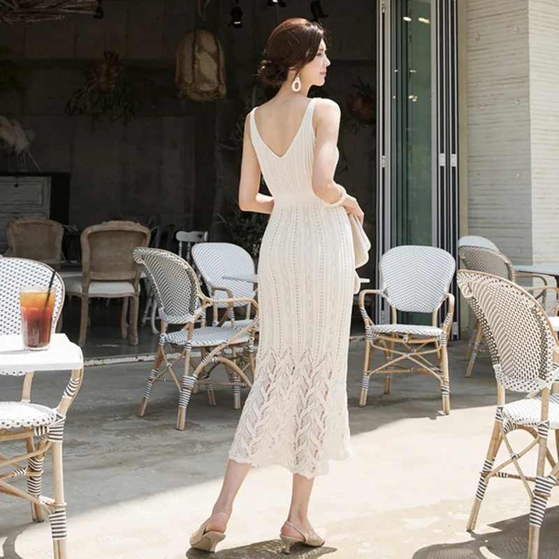 Dress Summer 2021 Korean Fashion White Green Hallow Out Sexy Deep V-Neck Knitted Spaghetti Strap Long Dresses Women Robe Femme homecoming dresses 2021