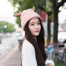 Рождественская шапка вязаная женская осень зима милый рога вязаный свитер шапка плюс бархат утолщение уличные шапки оптом