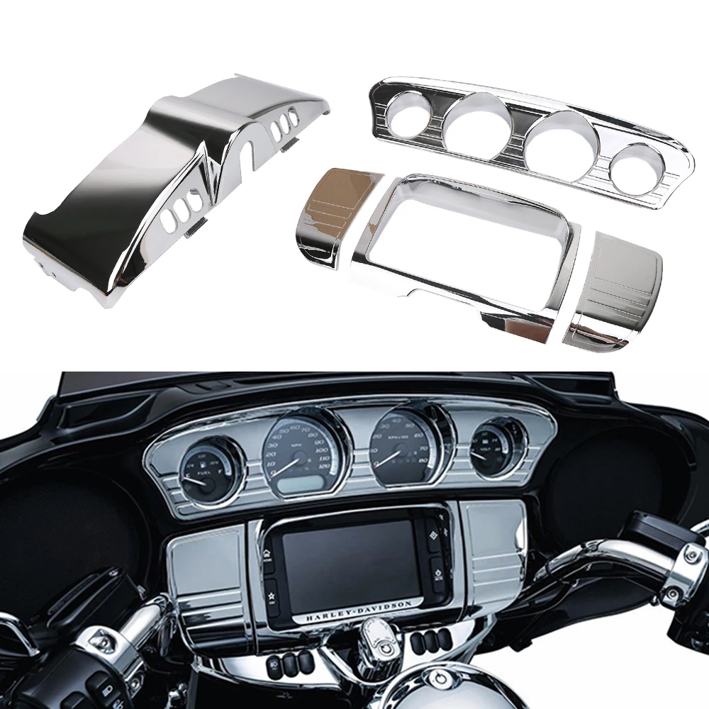 Motorcycle Chrome Instrument Fairing Cover Switch Panel Tri Line Trim For Harley Touring Electra Street Glides