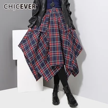 CHICEVER Корейская клетчатая Женская Асимметричная юбка с завышенной талией и поясом, модная женская одежда, Новинка