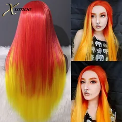 Ombre Red Yellow Synthetic Lace Front Wig Long Bone Straight Blonde Red Lace Front Wig Cosplay Drag Queen Wigs For Black Women
