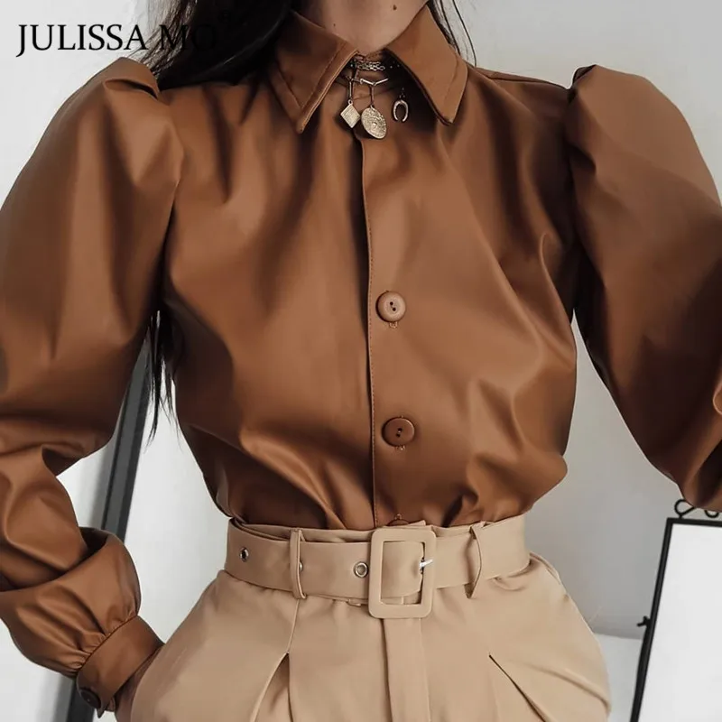 Julissa mo матовые из искусственной кожи рубашки с буфами на рукавах женские блузки коричневые винтажные рубашки с отложным воротником зимние повседневные женские топы