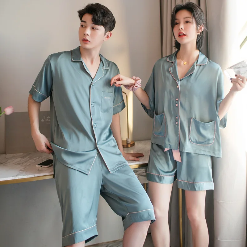 mens cotton pajama pants Summer Silk Couples Pajamas Set Short Sleeve With Pocket Shorts Sleepwear Men and Women Loose Style Home Suit Pjs checkered pajama pants