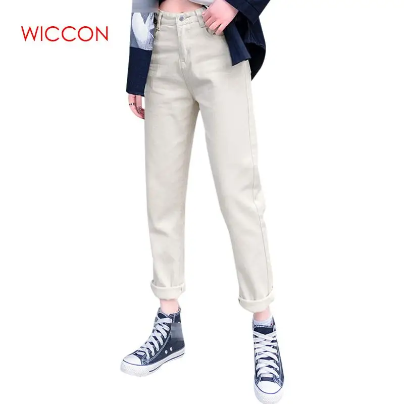 Новинка, корейский стиль, свободные эластичные штаны-шаровары, джинсы длиной до щиколотки для женщин, высокая посадка на пуговице, повседневные Прямые джинсы, весенняя одежда