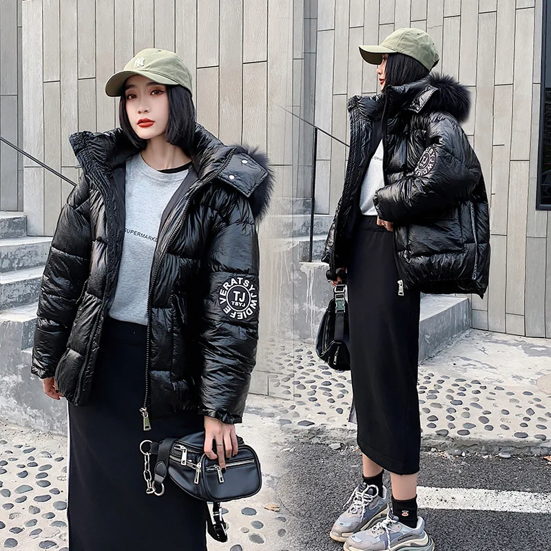 

Short Bright Surface down Jacket Women's 2019 Winter Korean-style New Style Dongdaemun Hooded Fur Collar European Goods Parka Co