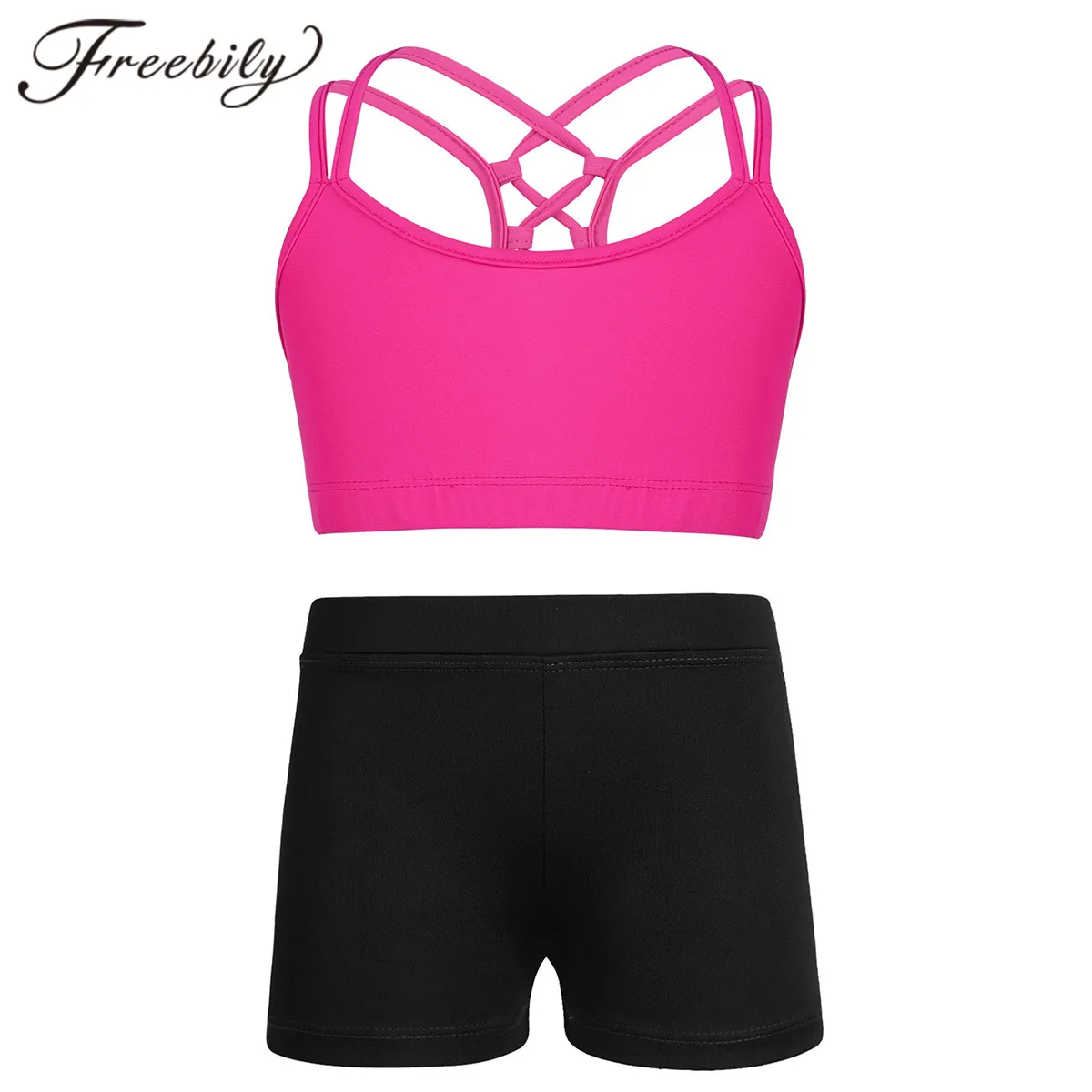 

Children Sports Sets Girls Summer Clothes Spaghetti Shoulder Straps Tank Tops + Low Rise Shorts Exercise Gym Workout Kids Set