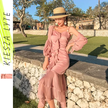 

Women beach dress 2020 summer french chiffon midi sexy falbala pearl halter fishtail dresses 2 pieces sets