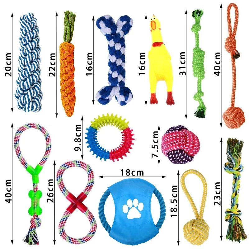 

Hot New Dog Toys 13 Piece Interactive Toy Set Cotton Woven Rope Toy Set, Large & Medium Clean Dogs