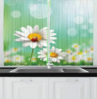 

Daisy Kitchen Curtains Computer Graphics Layout of Ladybug on Daisies Close up Shot Animalistic Details Window Drapes