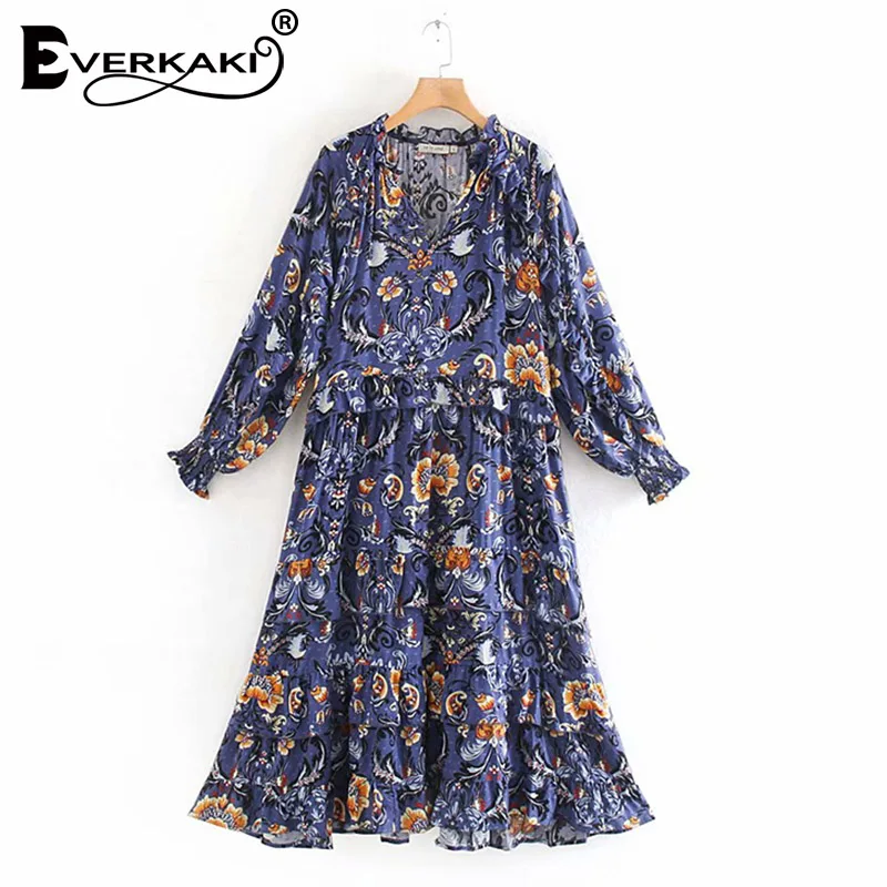 Everkaki, винтажное длинное платье, женское, бохо, с принтом, с оборками, свободное, Осеннее, повседневное, Vestido, для девушек, вечерние, макси платья, Femme, лето, новинка - Цвет: Blue