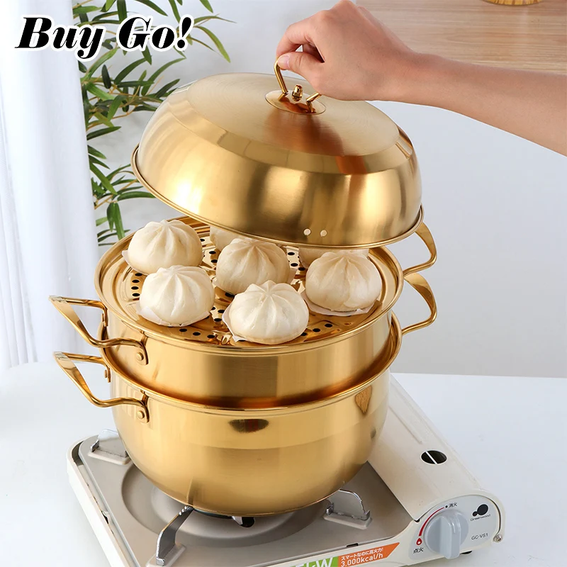 

Stainless Steel Steamer Pot Soup Pot Steamer Basket Double Boiler 3 Layers Gold Pot Steamer Induction Cooker Metal Steamer Pan