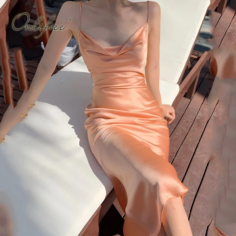 

Ordifree 2022 Summer Elegant Women Satin Slip Dress Spaghetti Strap Fashion Sexy Backless Party Dress