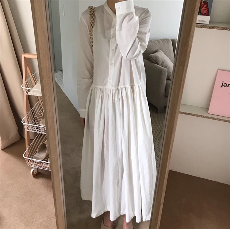Mozuleva Simple Casual Stand Collar Single-breasted Women White Shirt Dress Full Sleeve Loose Solid Mid-length Female 2019 | Женская