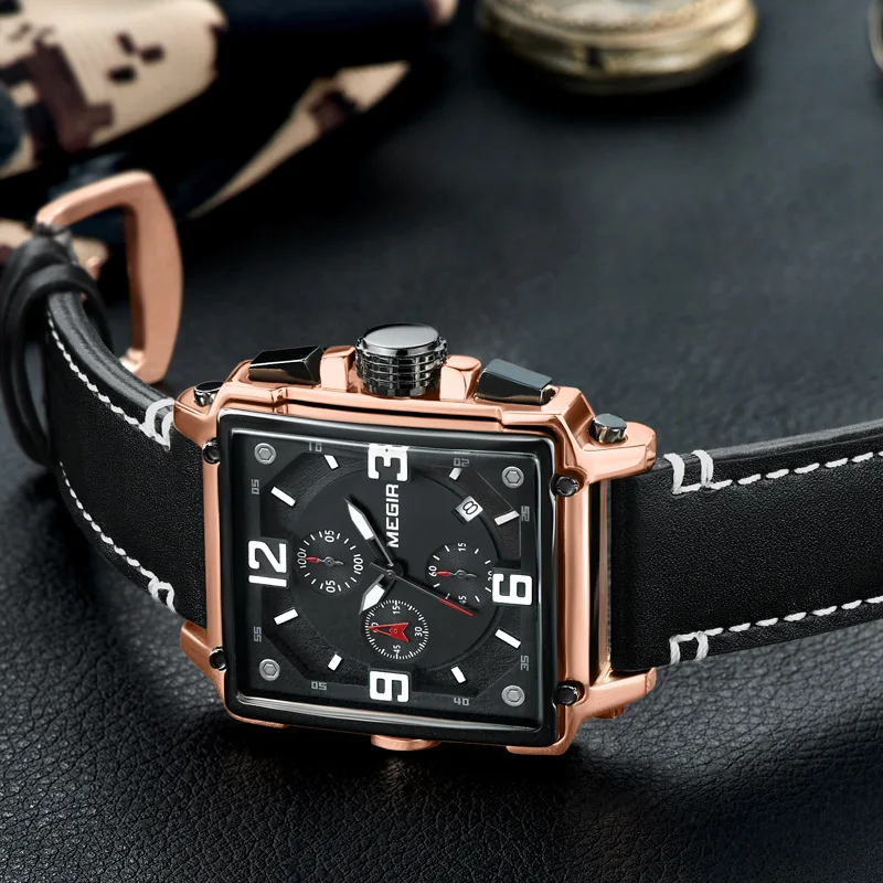 

Natural Detox Gainer Megir Watch Men's Retro Fashion Square Multi-functional Calendar Genuine Leather MEN'S Quartz Watch 2061