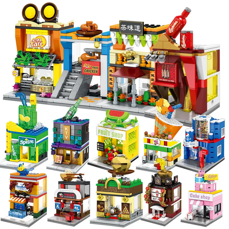 

Mini Street Series Candy Pizza Bookstore Shop Creative Educational Building Blocks Toys For Children 6Years Small Brick DIY Gift
