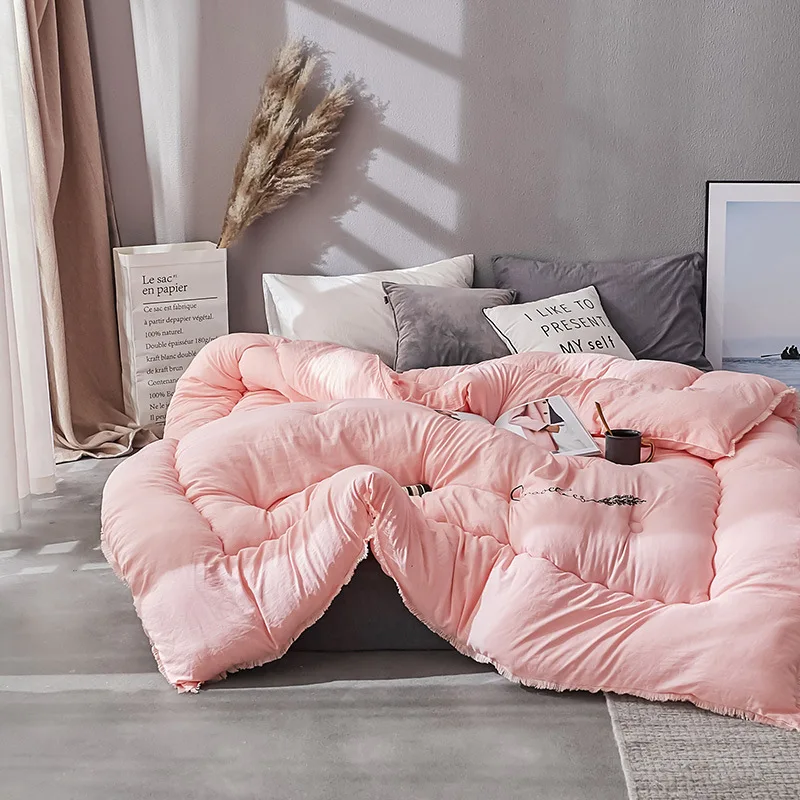 

Bed Sheet Simple Solid Color Tassels Winter Quilt Washed Cotton Fiber Double Blanket Cotton