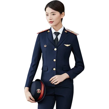 

Autumn Women Railway Uniform Waiter Suits with 5 Gifts Slim Fit Party Costume Fashion Brand Female Blazer Pants Plus Size