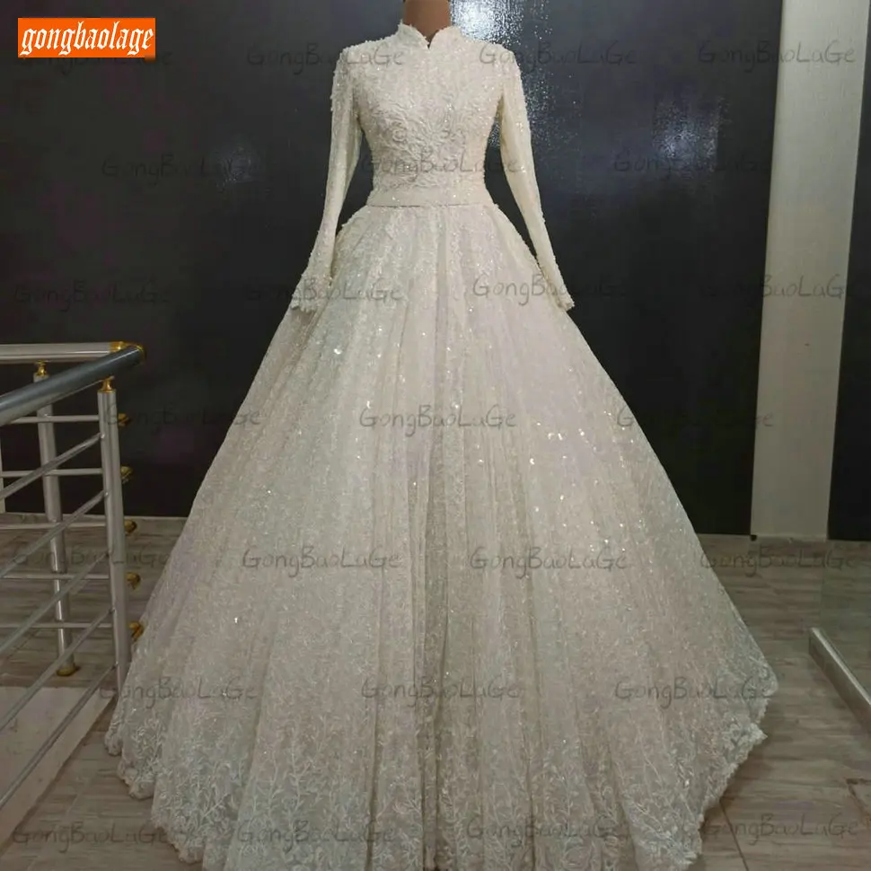 Arabian Lace Wedding Dress High Neck Moslem Abito Da Sposa 2021 Long Sleeves Ball Gown Bridal Dresses Princess Vestido Casamento bridesmaid