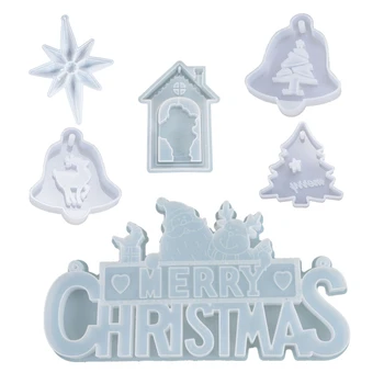 

6Pcs Christmas Theme Silicone Resin Casting Mold Kit Epoxy Resin Pendant Mold with Hanging Hole, Including Snowflake Xmas Tree