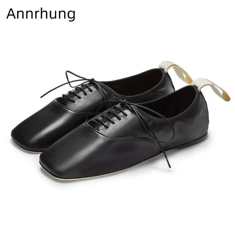 

Cozy Genuine Leather Flats Concise Square Toe Shoes Woman Cross Tied Black White Ballet Flats New Autumn Shoes Chaussure Femme