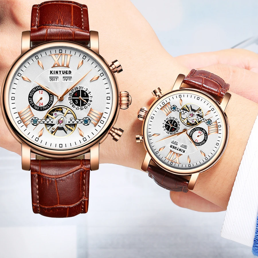 Мужские механические часы KINYUED Tourbillon с вечным календарем из розового золота и