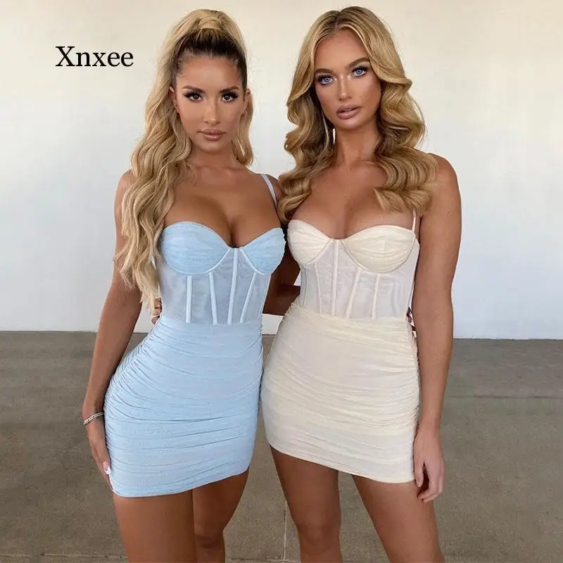 

Mesh Pleated Spaghetti Strap Sexy Dress Women Bandage Mini Night Club Party Dresses Backless Bodycon Summer Dress