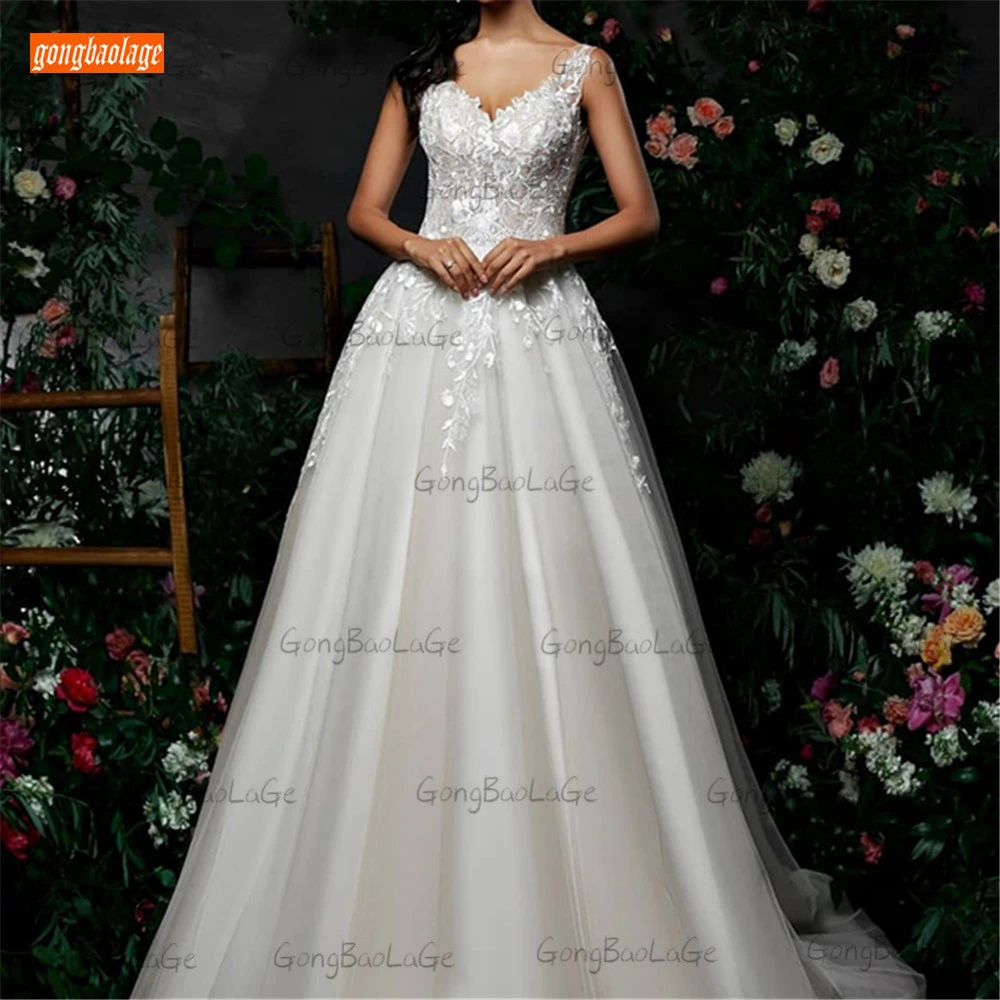 Elegant White Wedding Dresses 2021 Sexy Sleeveless vestido de novia Lace Appliqued Tulle A Line trouwjurk Customized Bride Gowns bridal gowns
