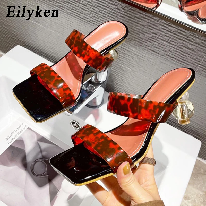 

Eilyken 2021 New Summer Square Toe Ladies Slippers PVC Transparent Crystal Strange Style Clear Heel Women Leopard Grain slides