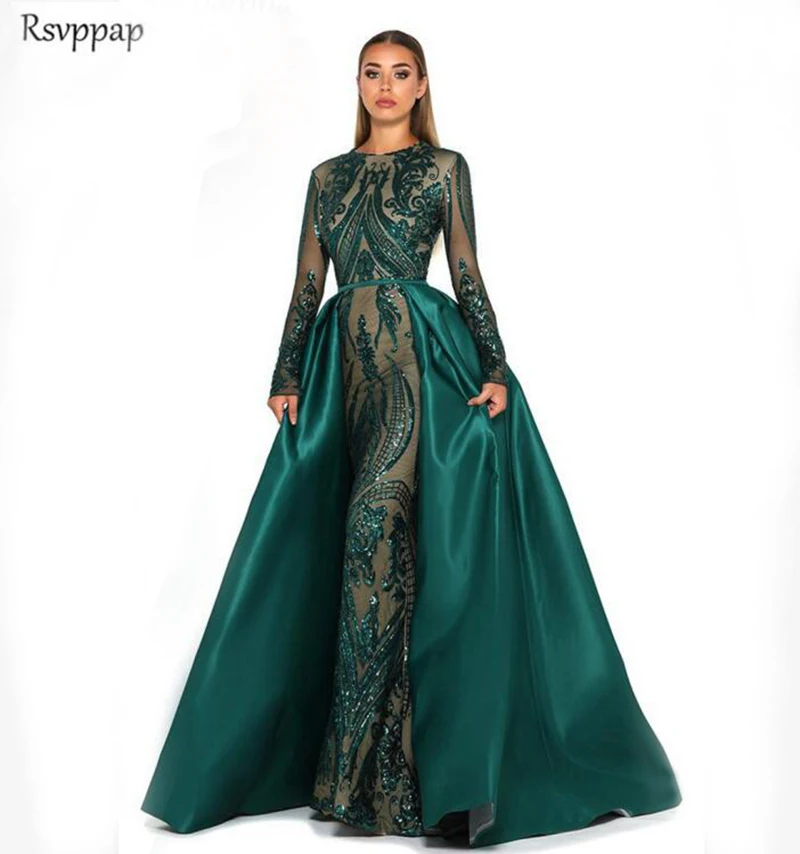 

Long Evening Dresses 2019 Long Sleeve Mermaid Lace Saudi Arabic Emerald Green Burgundy Women Formal Gown With Detachable Train