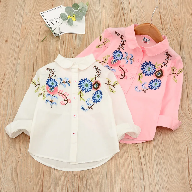 Spring New Style Flower Embroidered GIRL'S Long-sleeved Shirt Fold-down Collar Shirt Childrenswear 1e13