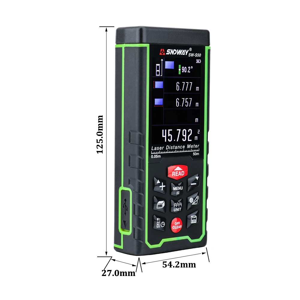 SNDWAY Laser Distance Meter 50m 164ft Laser Rangefinder Trena Build Instrument Measuring Tool LCD Display Rechargeable Battery