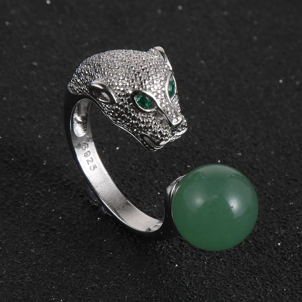 

Unisex Men Women Animal Leopard Round Natural Gem Stone Rings Quality Silver Plated Opening Adjustable Ring New Jewelry For Men