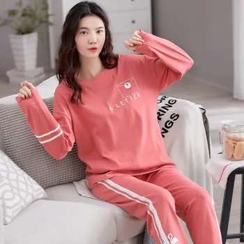 

Cotton Pajamas Set Women's Newest Casual Long-sleeved Trousers Suit Loose Style Comfortable Ladies Home Clothes Pjs Women