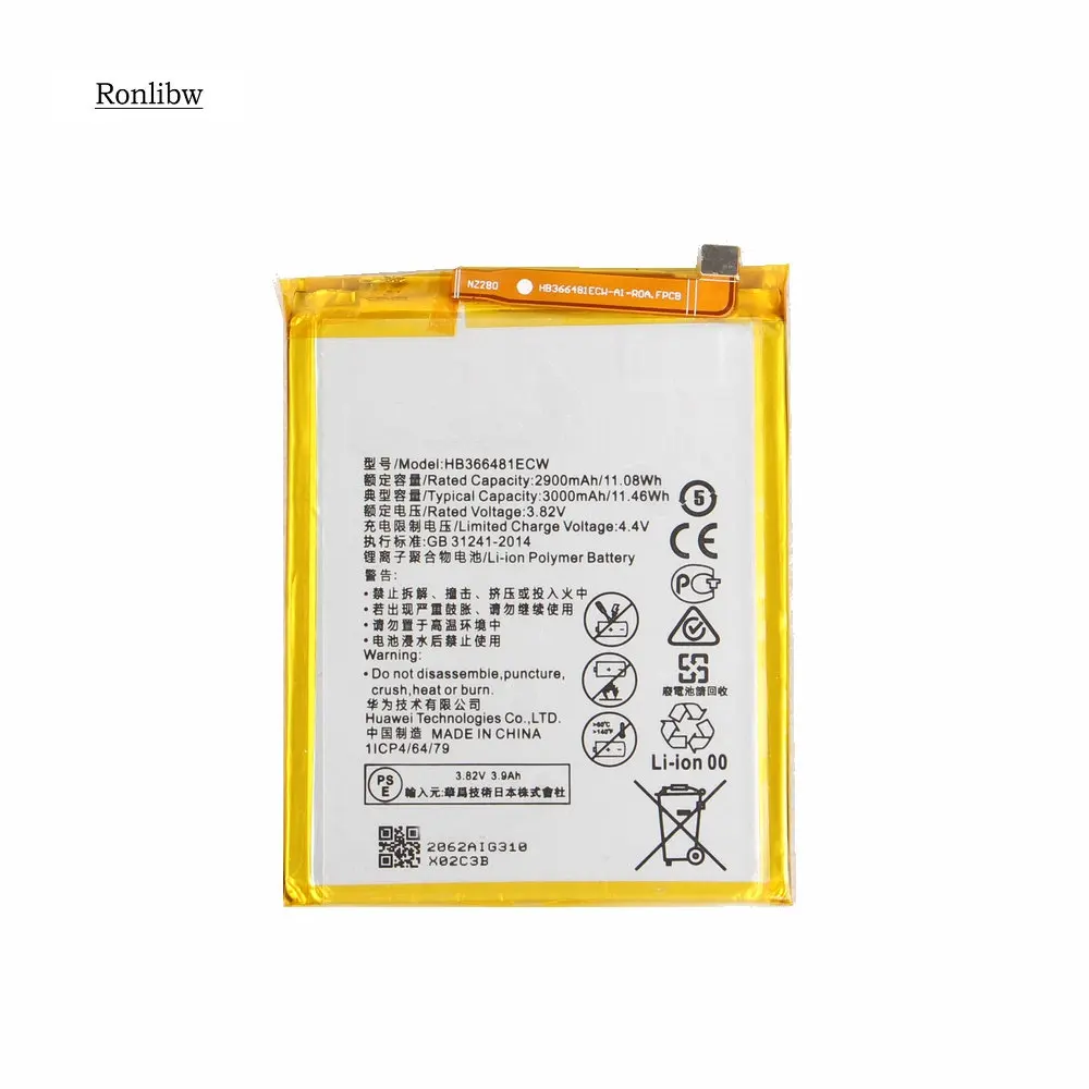 Ronlibw 5x3000 мАч литий-ионная Расширенная Батарея Batterieij батареи HB366481ECW для huawei P9 Lite G9 Honor 8 5C VNS-DL00 VNS-L23