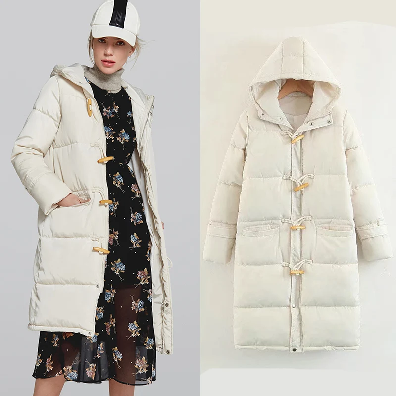 

MoYan Winter Long Parkas women Casual Thicken Solid Buttons Jackets Warm Hooded Cotton padded Outwear Coat Big Pocket
