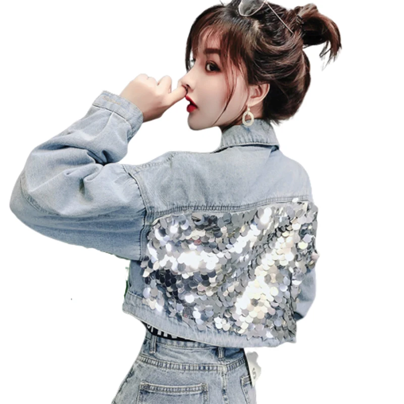 

2019 Heavy Paillette Cowboy Loose Coat Women Tide Chaqueta Mujer Riverdale Bts Jean Jackets Streetwear Basic Jacket