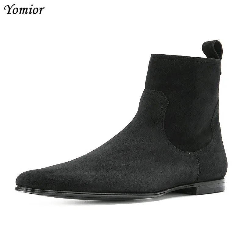 

British Fashion Cow Leather Handmade Men Pointed Toe Chelsea Boots Business Gentleman Sexy Casual Wedding Boots Big Size