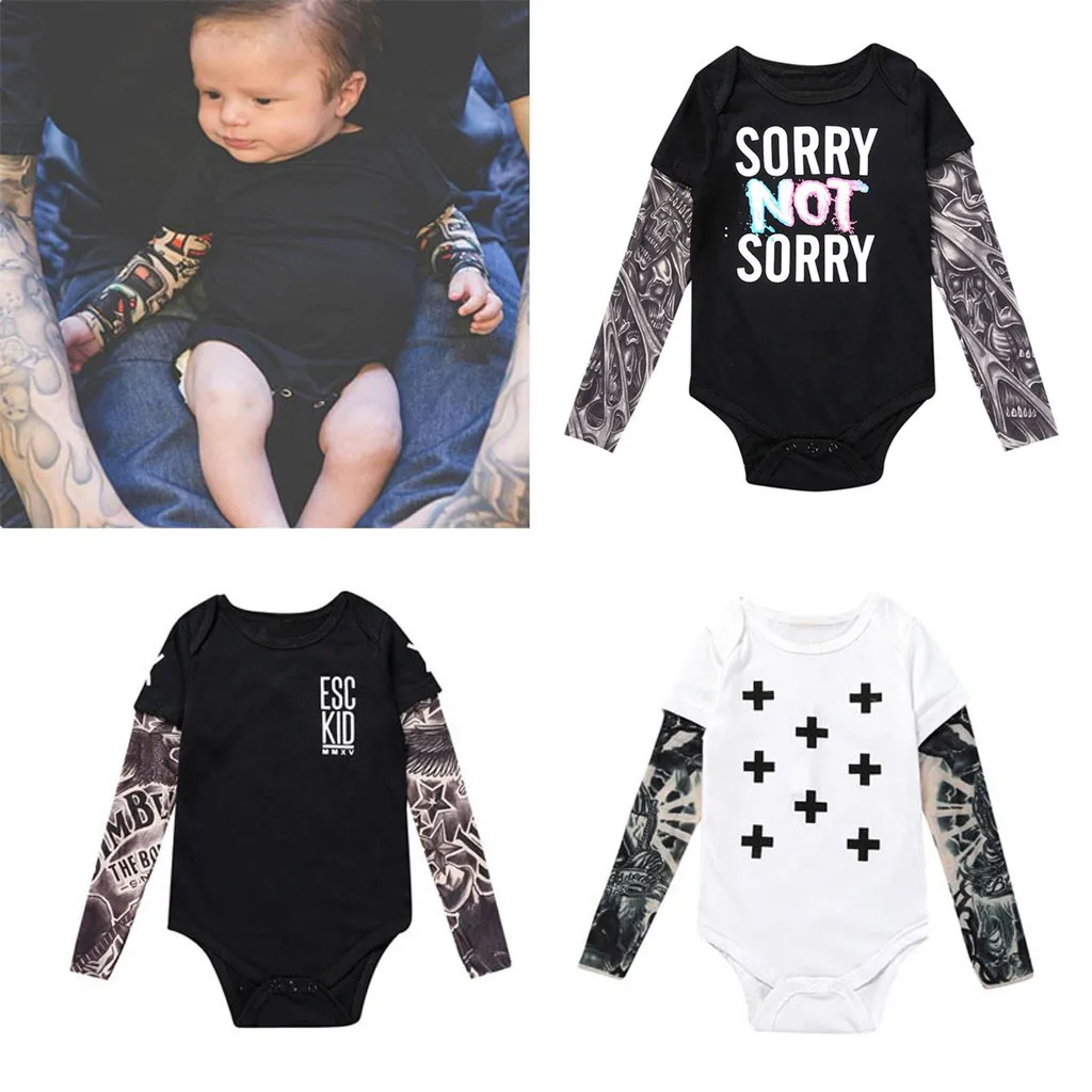 

Newborn Baby Boy Tattoo Printed Long Sleeve Patchwork Romper Autumn baby boutique clothing Cotton Long Sleeve Unisex Jumpsuit