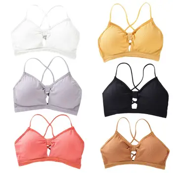 

Women Girl Ribbed Knit Bralette Bright Candy Color Cross Strappy Backless Underwear Hollow Knotted Front Push Up Padded Crop Top