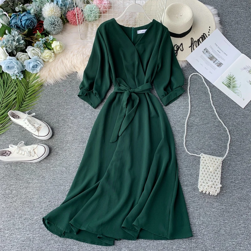 Новинка, корейское женское платье миди на весну и лето, элегантное платье с v-образным вырезом, черное/синее/розовое/красное/зеленое платье для женщин, модные платья