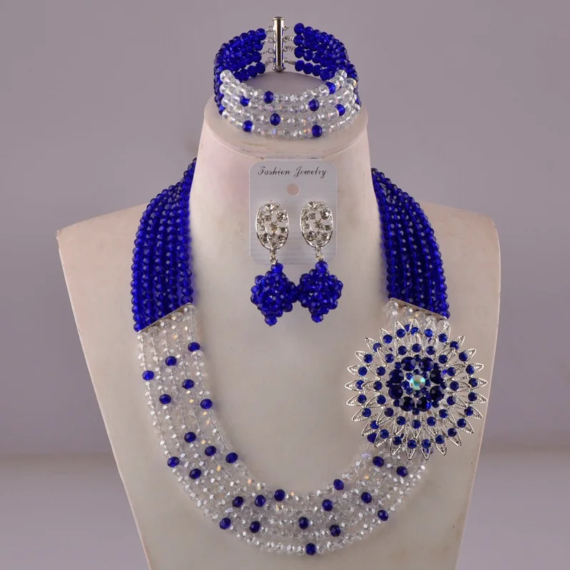 Красивый белый прозрачный кристалл бисерные ожерелья костюм нигерийские Свадебные африканские бусы Набор украшений для женщин 5SZK007 - Окраска металла: Royal Blue Clear AB