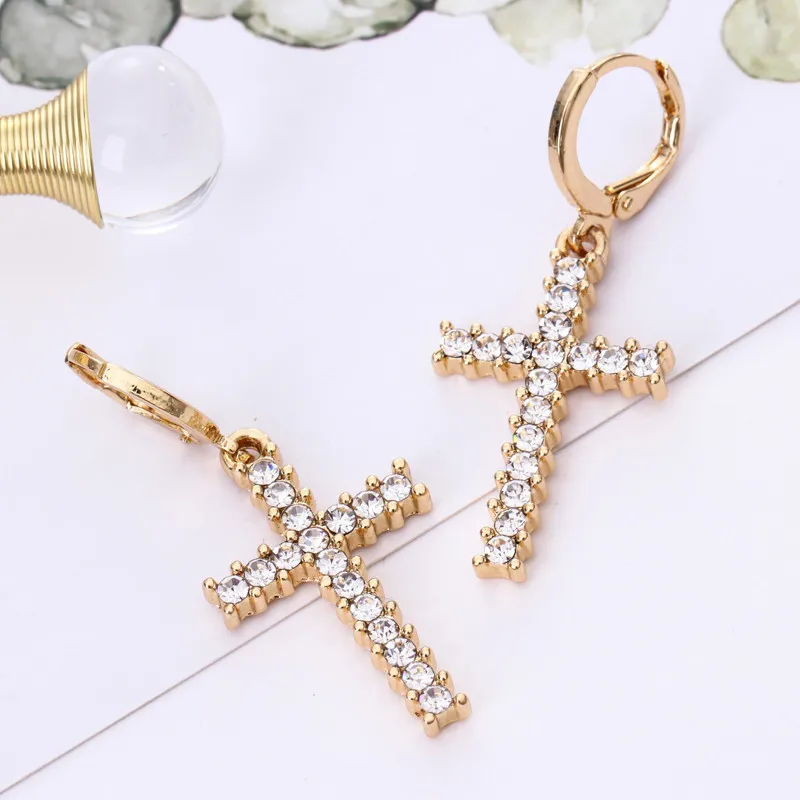 

Personality Punk Style Rhinestone Cross Dangle Drop Earrings for Men Women Popular Long Earrings Hip Hop Jewelry
