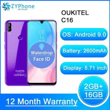 

OUKITEL C16 5.71" HD 19:9 WaterDrop Smartphone Fingerprint Android 9.0 MT6580P 2G RAM 16G ROM 2600mAh Unlock Mobile Phone New