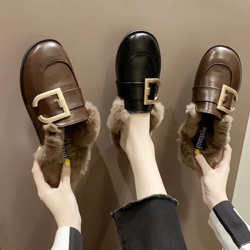 

Plush Slipper Women's Outer Wear Autumn And Winter Lazy Closed-toe Semi-Slipper Versatile Network Erythropolis Base Support Shoe