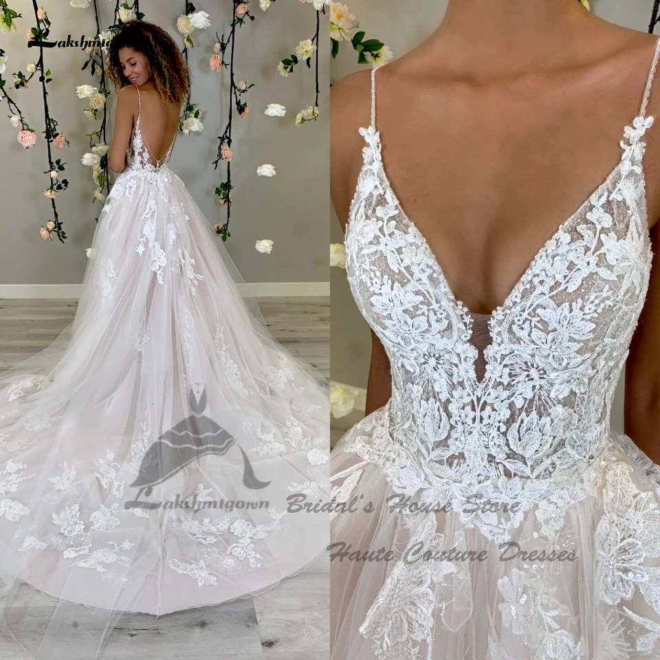 wedding dresses Sexy Women Boho Beach Wedding Dress V neck 2022 Glitter Lace Bodice Chic Robe Bridal A Line Tulle Wedding Dresses Open Back lace wedding dress