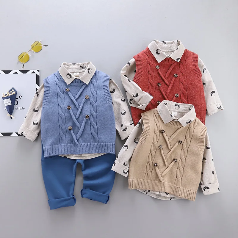 

Spring New Style BOY'S Lapel Shirt Cartoon Avatar Printed Single Breasted Underwear Knitted Sweater Waistcoat Three-piece Set